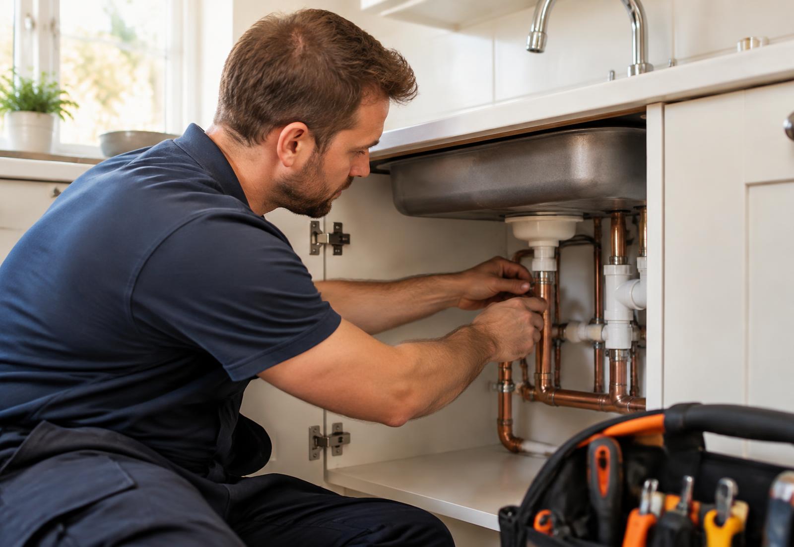 Plumber fitting copper pipework under a kitchen sink